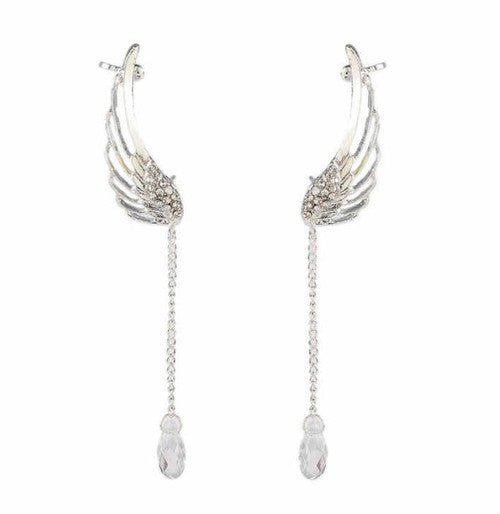 Boucles d'oreilles ailes d'ange et goutte de cristal