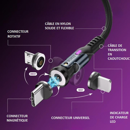 Câble Chargeur USB C - Lightning - Micro USB - 3-en-1