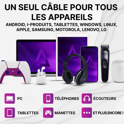 Câble Chargeur USB C - Lightning - Micro USB - 3-en-1