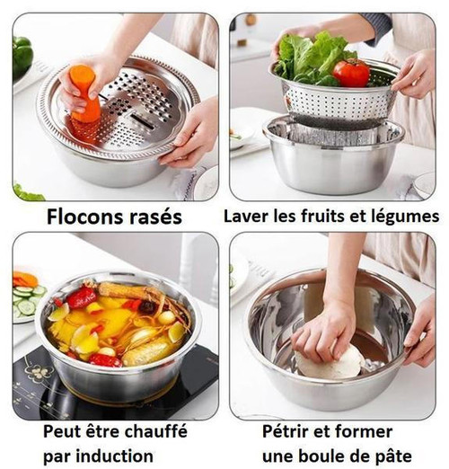 Ensemble de 3 pièces - Bol, Râpe, Égouttoir En Acier Inoxydable