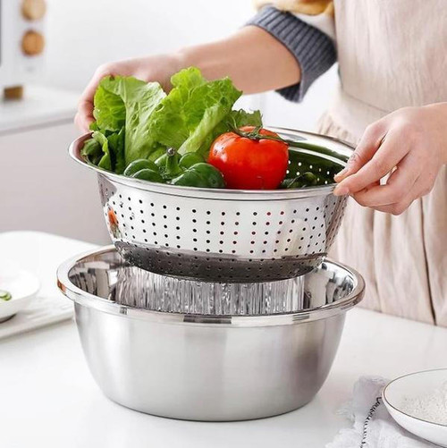 Ensemble de 3 pièces - Bol, Râpe, Égouttoir En Acier Inoxydable
