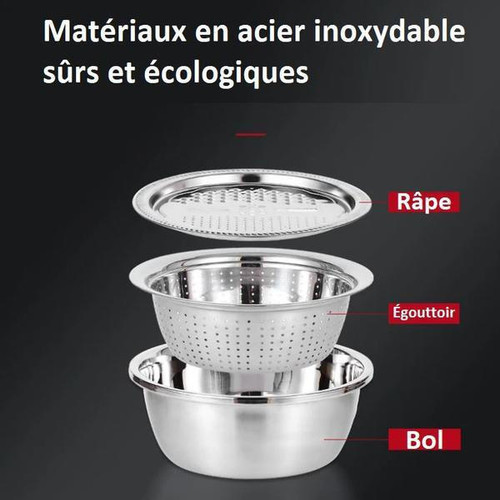 Ensemble de 3 pièces - Bol, Râpe, Égouttoir En Acier Inoxydable
