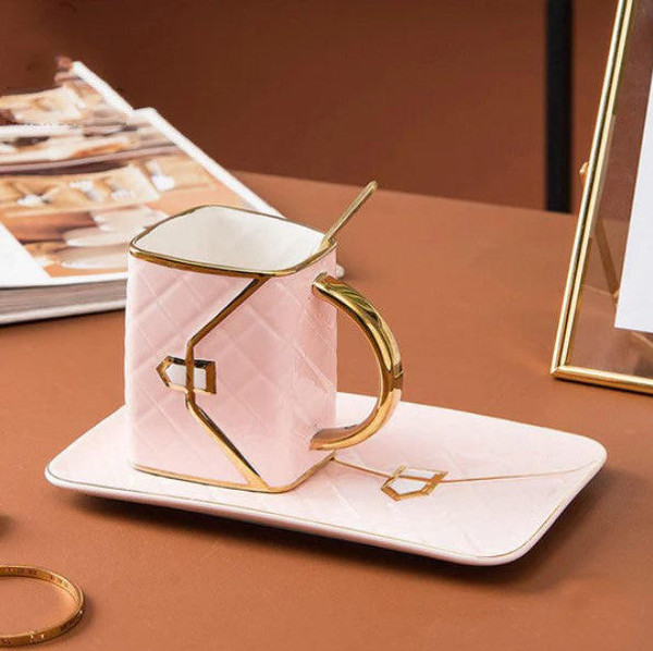 Tasse Créative en Forme de Sac à Main avec Soucoupe et Cuillère
