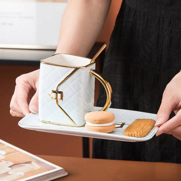 Tasse Créative en Forme de Sac à Main avec Soucoupe et Cuillère