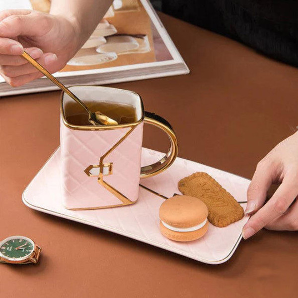 Tasse Créative en Forme de Sac à Main avec Soucoupe et Cuillère